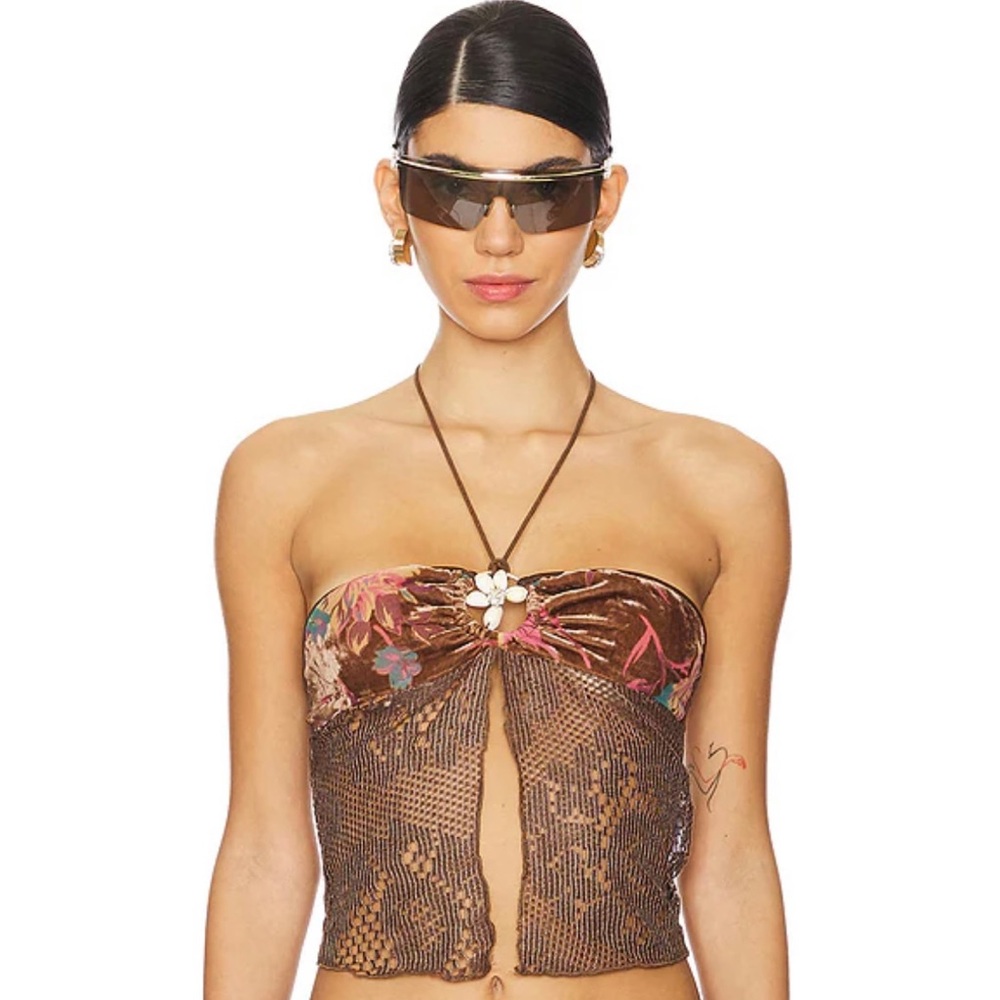 Jaded London Eliana Devore Crochet Bandeau Top in Cedar  Brown Floral Bikini Top
